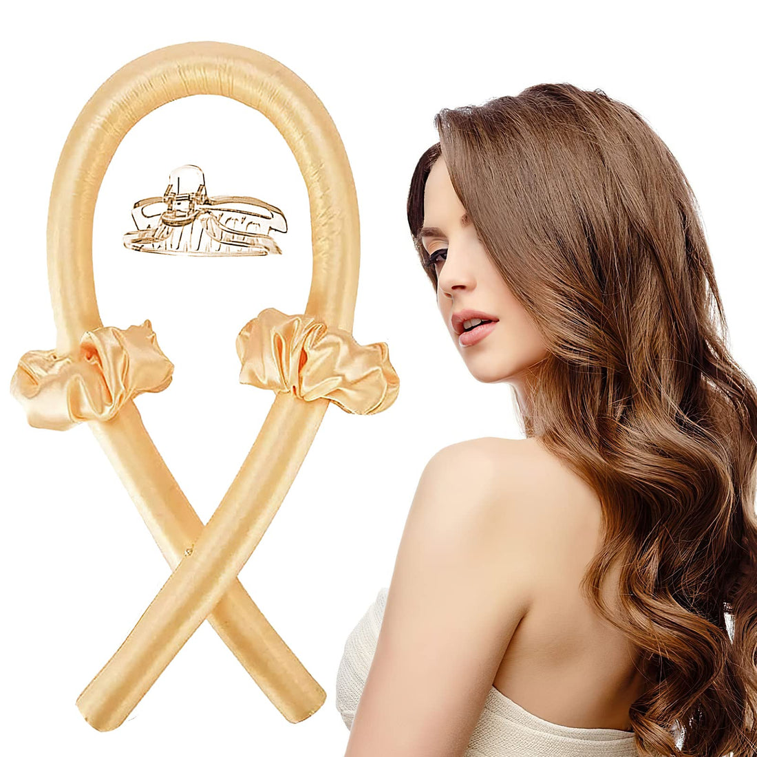 Heatless Hair Curlers to Sleep In – Silk Curling Rod Headband Set Wave DIY Hair Rollers Styling Tool for Long Hair Overnight, Lazy No Heat Rollers Hair Curlers with Hair Clip and Scrunchies Champagne