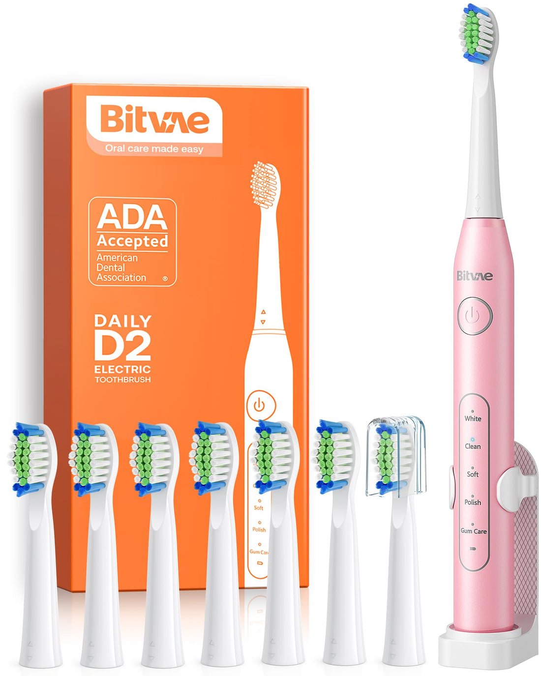 Bitvae D2 Ultrasonic Electric Toothbrush with 8 Brush Heads, Sonic Toothbrush for Adults and Kids with a Holder, 5 Modes, Smart Timer, Pink
