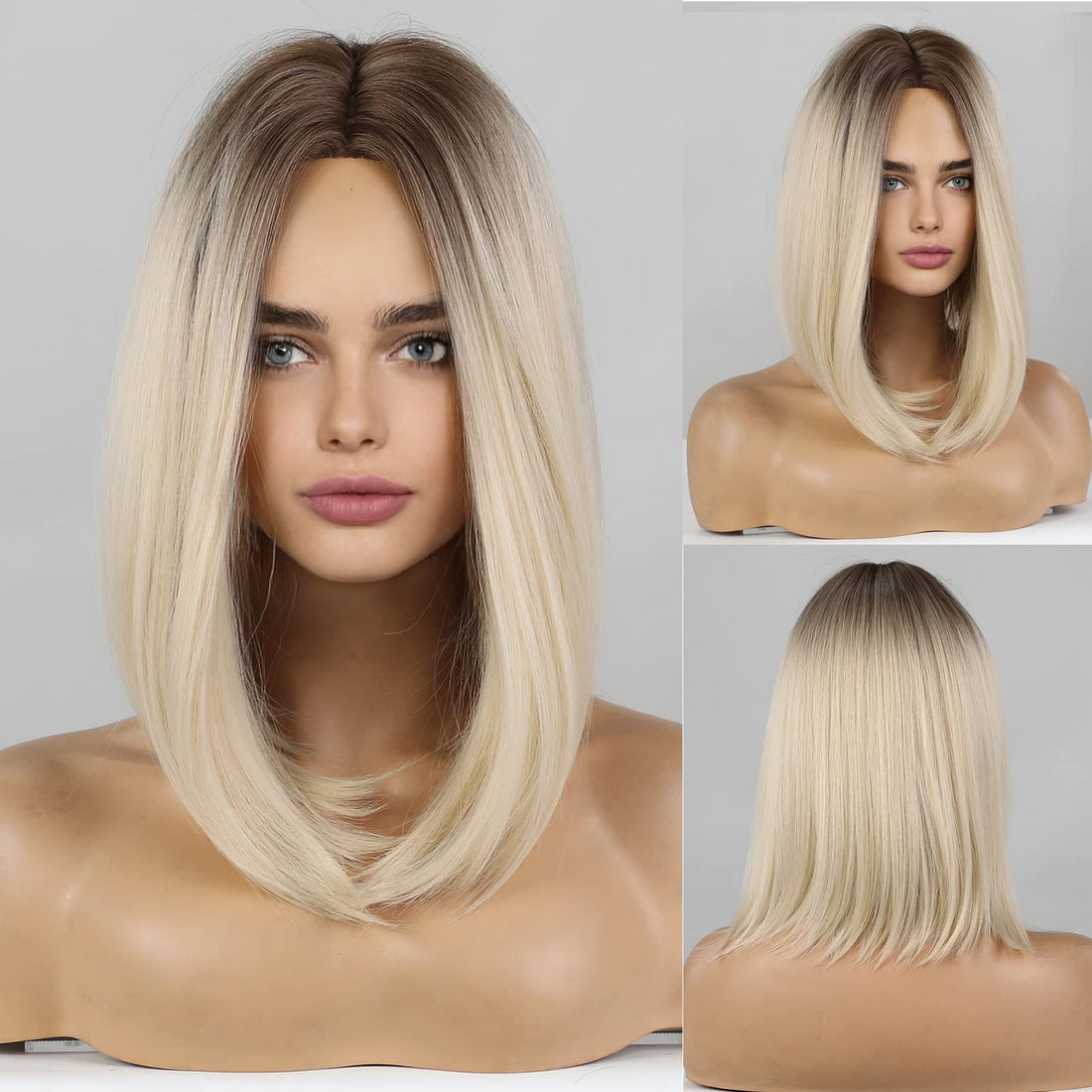 ECIF Straight Bob Wigs For Women, Ombre Blonde Hairhand-Tied Hairline Shoulder Length Brown Root To Light Blonde Natural Middle Part Wig