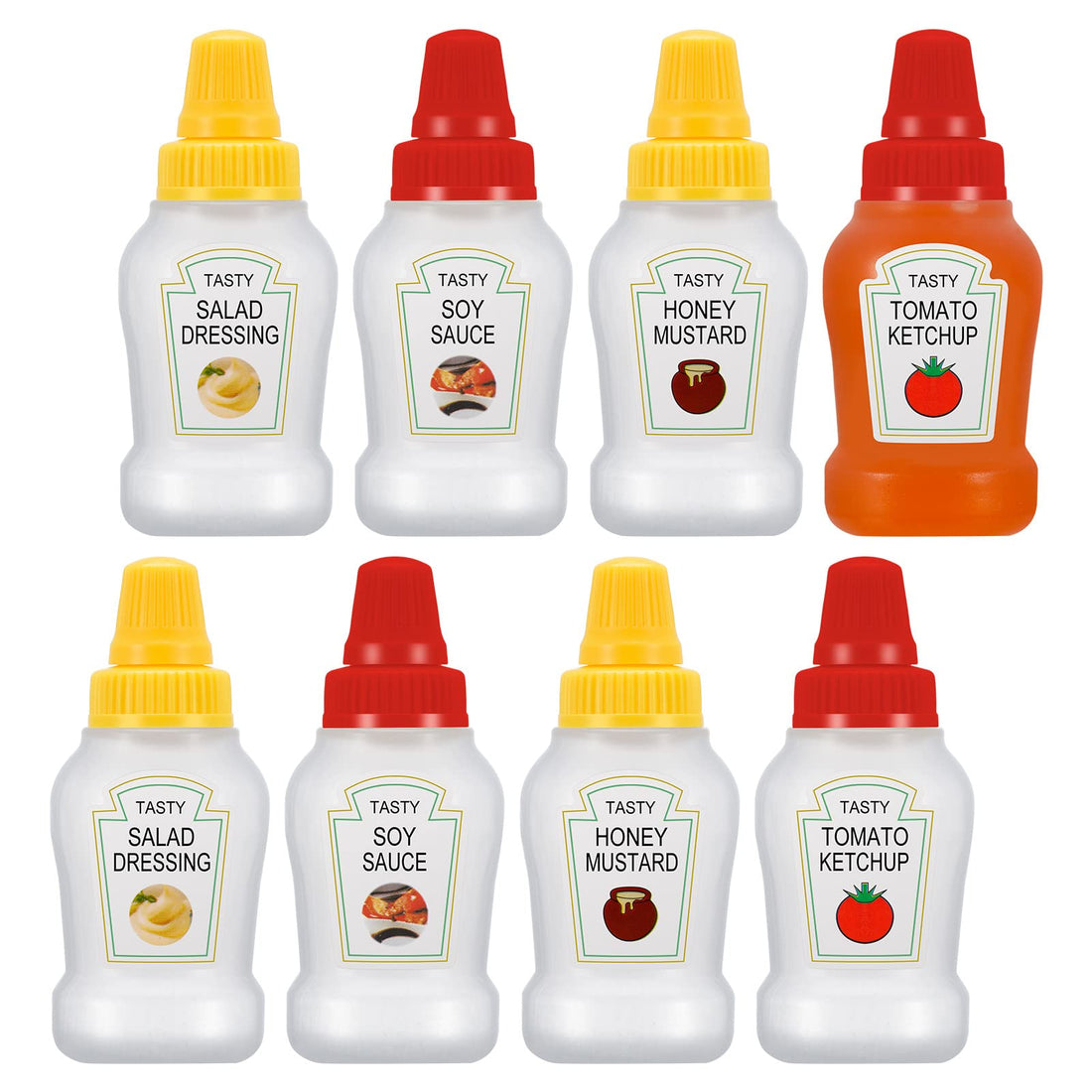 Jspupifip 8pcs Mini Ketchup Bottles with Sturdy Screw Cap,25ml Mini Condiment Squeeze Bottles Portable Honey Sauce Salad Dressing Dispensers Jars Containers for Kids Adults Lunch Box(4 yellow+4 red)
