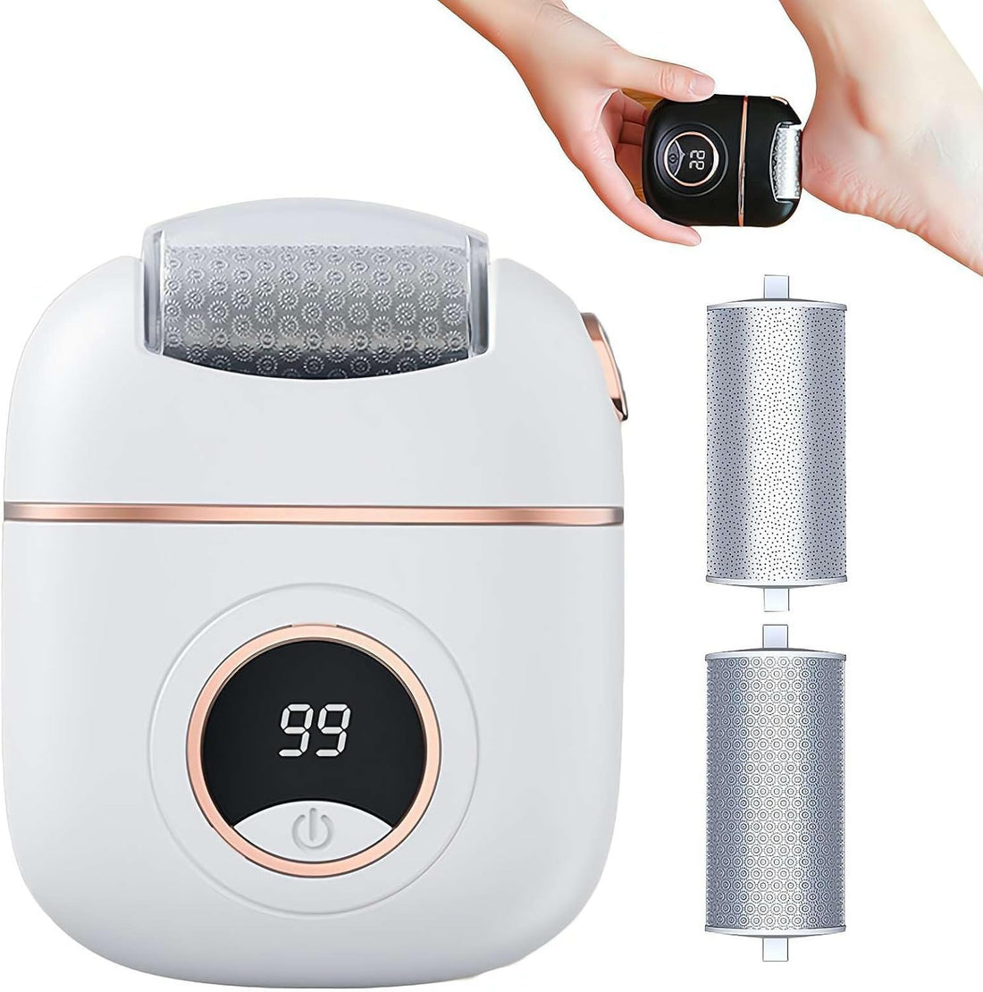 Plan A Rechargeable Pedicure Machine, Portable Pedicure Machine for Removing Dry, Dead and Hard Skin with 2 Roller Heads, 2 Speeds, Built-in Light, Waterproof Foot Care for Home and on the Go (White)