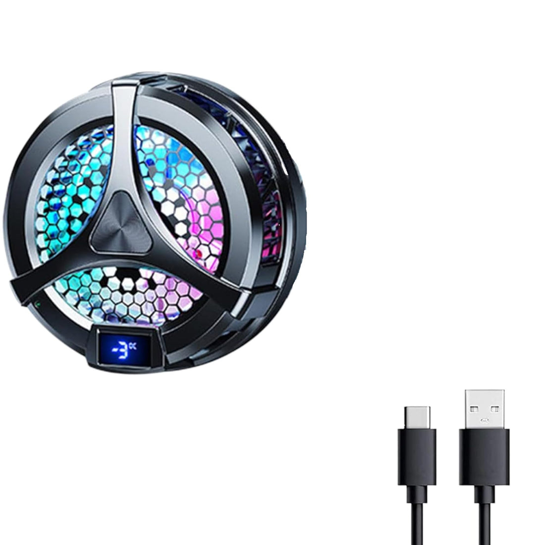 Mobile Cooler X36 - Super Cooling Fan with Temperature Display and RGB Lighting - Compatible with iPhone, Android, and Tablets. Regular cleaning is necessary for optimal cooling effi