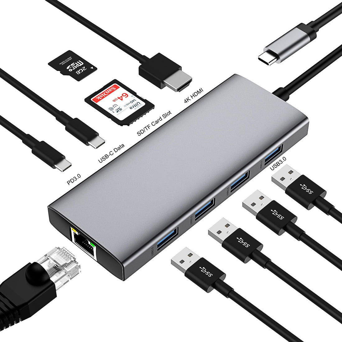 USB C HUB, 10-in-1 Docking Station with 4K HDMI, VGA, USB 3.0, USB-C Port, 100W PD, RJ45 Ethernet, SD/TF Card Reader, Compatible with MacBook Pro/Air and Other Type C Devices