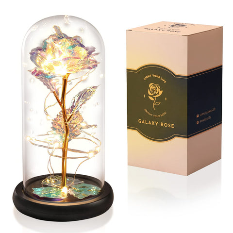 Beauty and The Beast Rose in Glass Dome - Valentines Day Gifts for Her - Galaxy Enchanted Rose, Preserved Infinity Glass Flower With Crystal Light Up