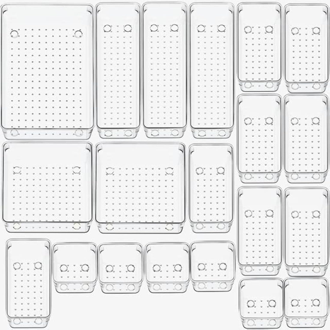 Snazzy 20 PCS Clear Plastic Drawer Organizers Set 4-Size Versatile Bathroom and Vanity Drawer Organizer Trays, Storage Bins for Makeup, Jewelries, Kitchen Utensils and Office