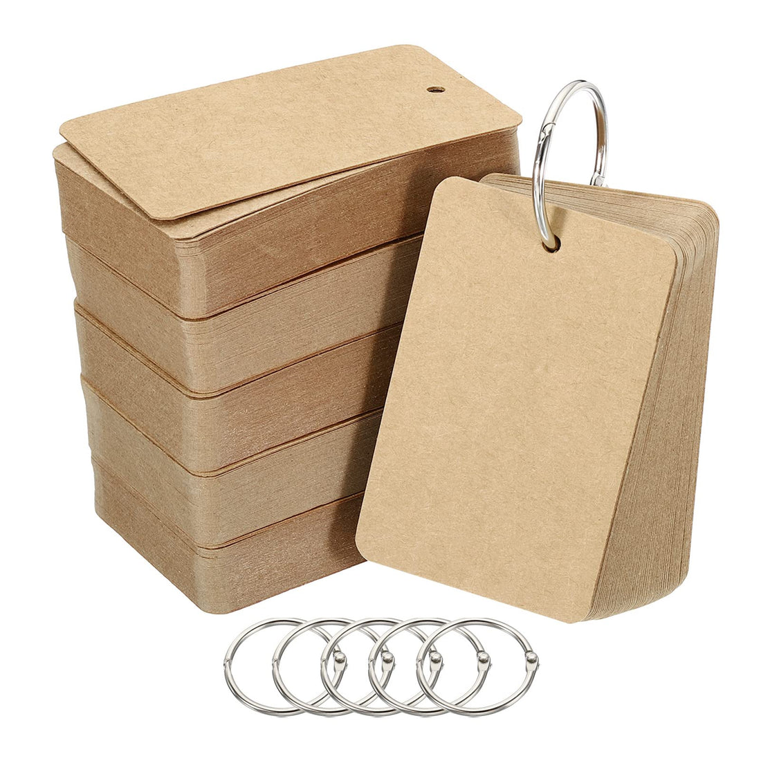 PATIKIL 3.5" x 2" Blank Flash Cards with Rings, 300 Pack Study Cards Index Cards Note Card Pre Hole Punched for Learning, Brown