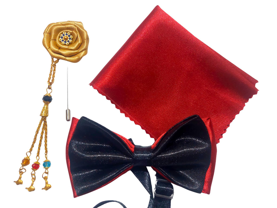 Men's Bow with Pocket Square and Rose Brooch, Red and Black