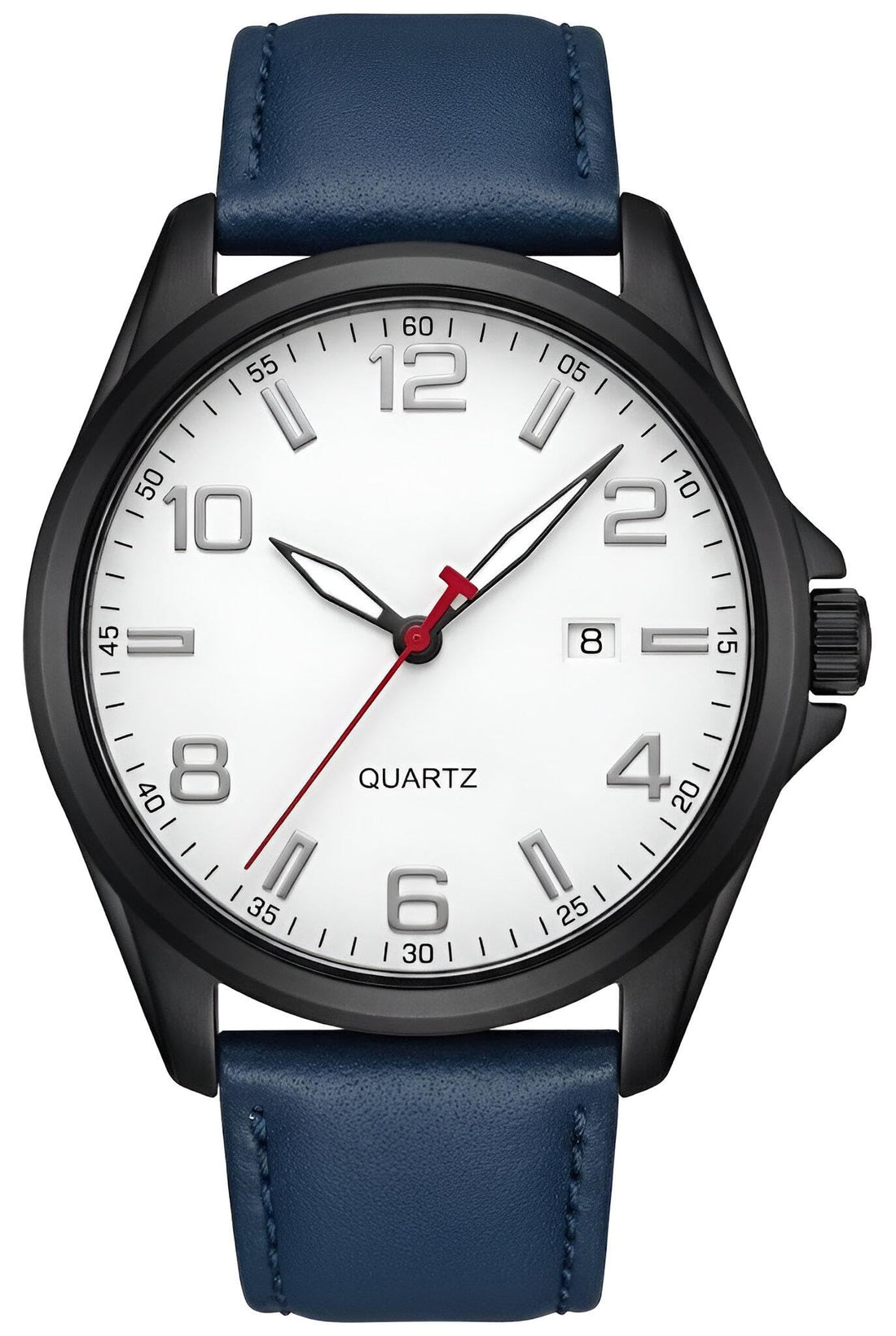 Men's quartz wristwatch with a polished steel case, multicolor leather strap, slim and elegant design, clear date display, suitable for daily wear and special occasions.