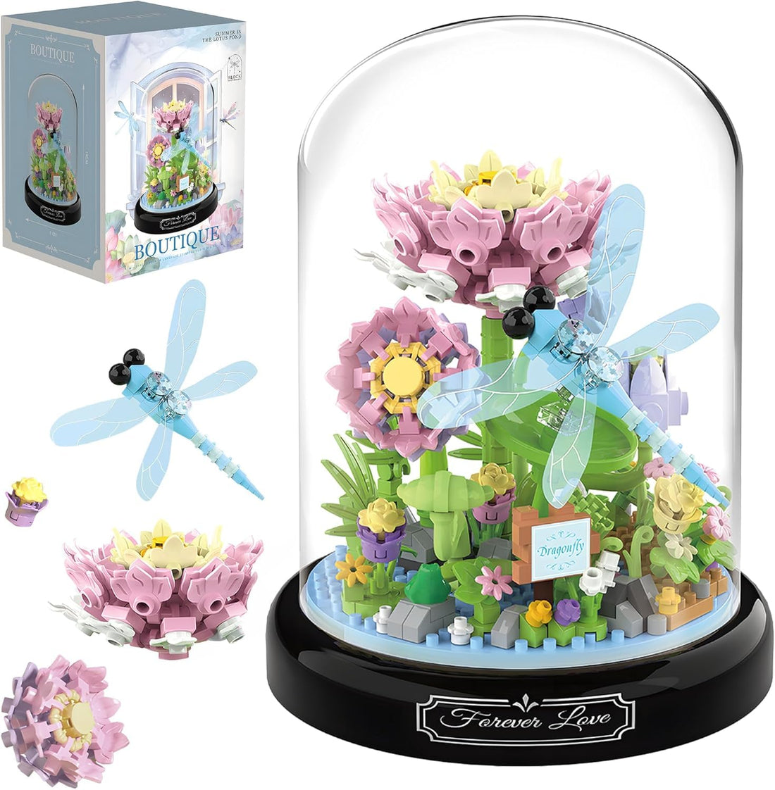 TOYS LAND Dragonfly Flower Bouquet Building Toy Set, 568 pcs Micro Mini Botanical Building Blocks Kit with Dust Cover, Birthday Gifts for Adults and Kids Age 6+ Years