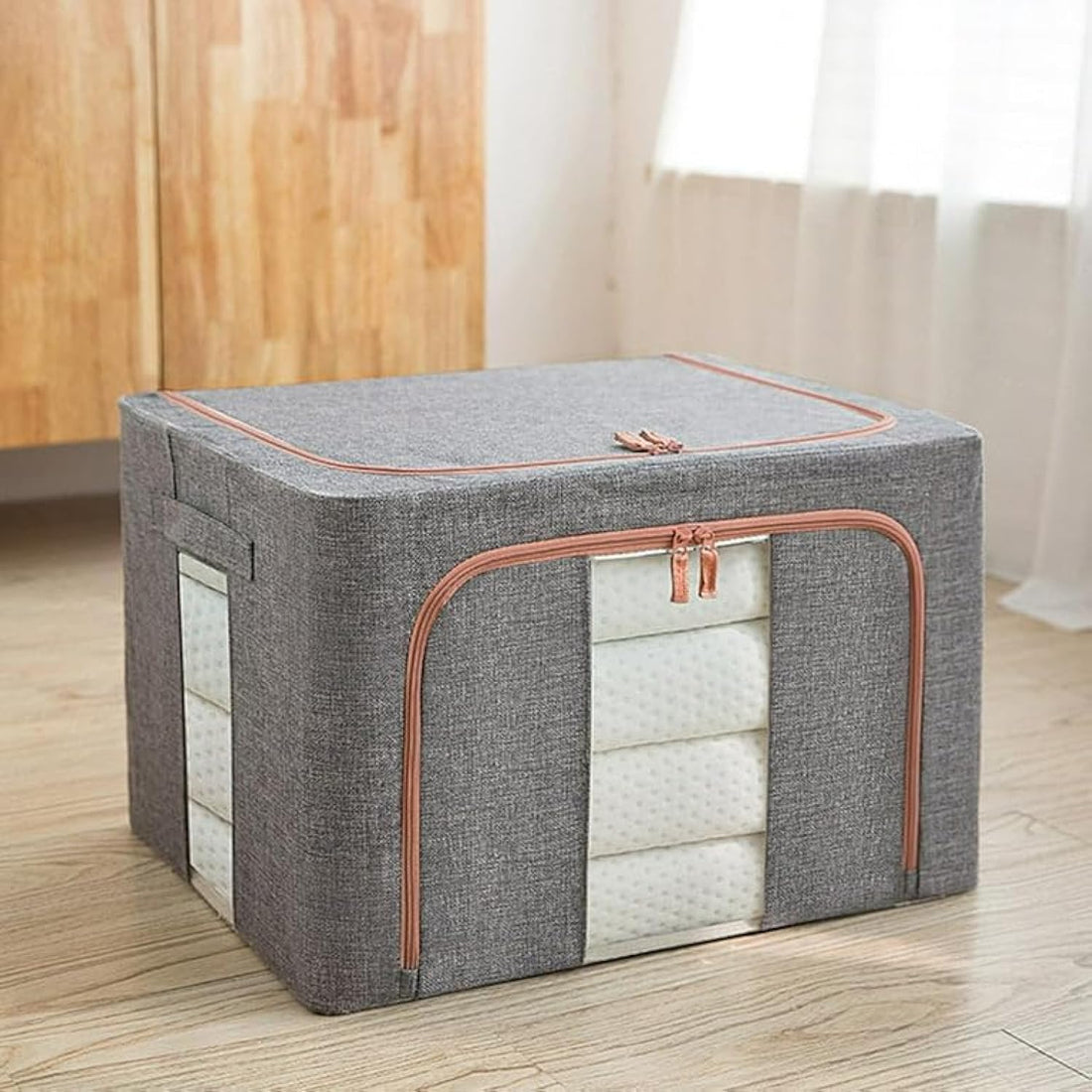 Linen Foldable Clothes Storage Organizer with Metal Frame - 100L Capacity for Bedding and Blankets (Multicolor)