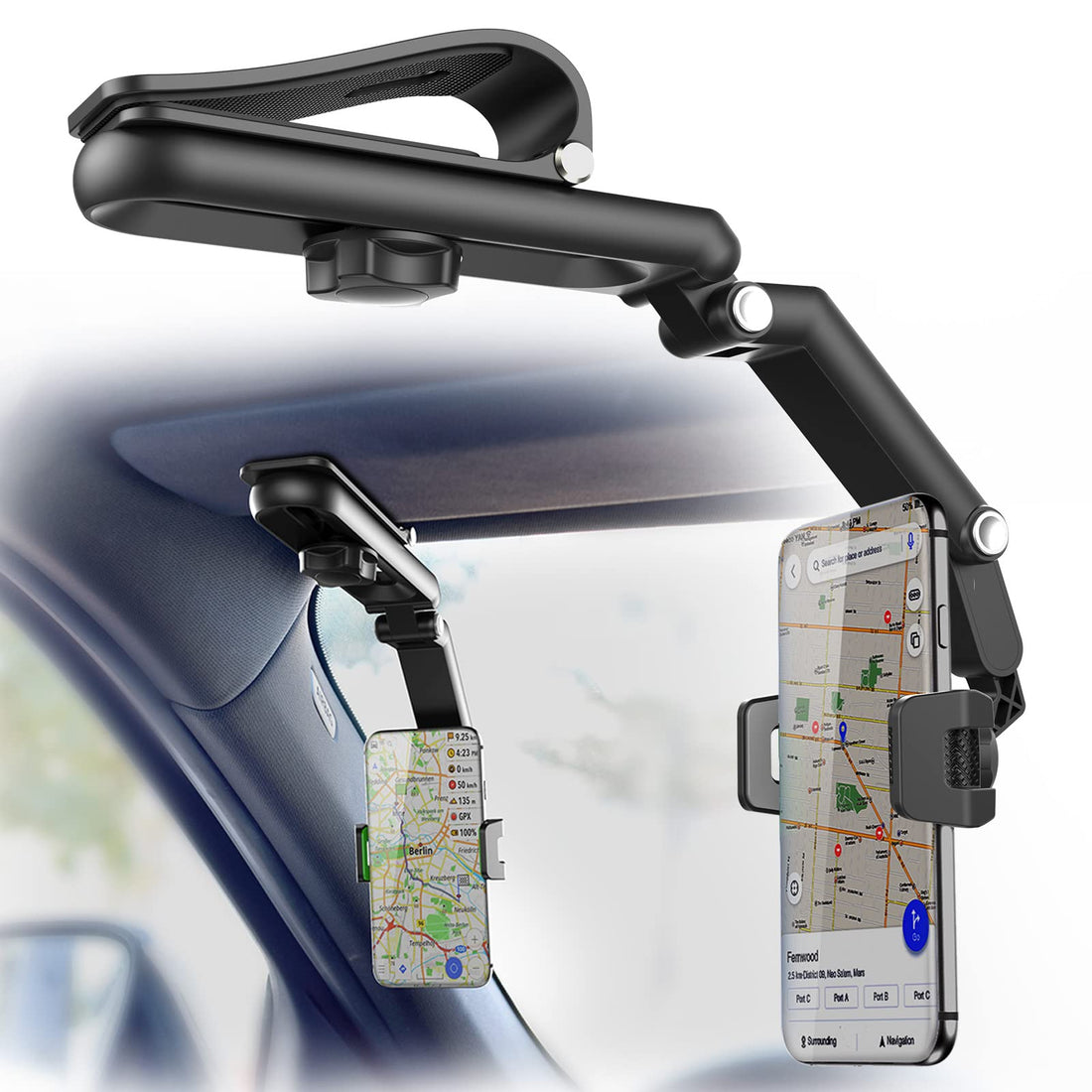 Car Phone Holder for Sun Visor, 360 Degree Rotatable, Compatible with iPhone X, Samsung & Other Cellphones