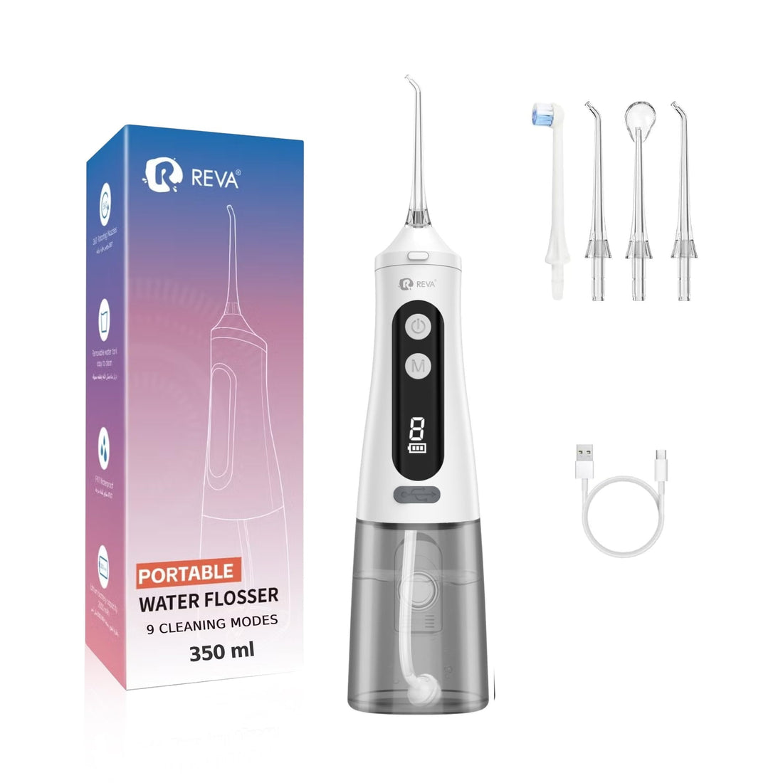 Reva Professional Water Flosser - Cordless Oral Irrigator with 360° Nozzle, 350ML Reservoir, IPX7 Waterproof, Rechargeable - Dental Floss Tool for Teeth, Braces & Gums - White (M131)