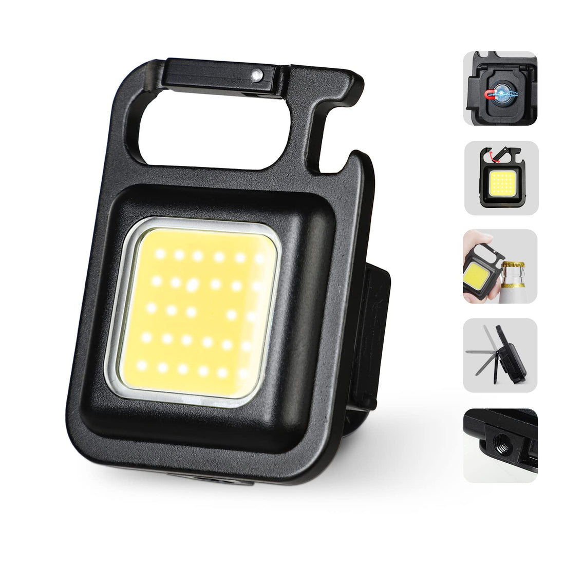 2000 Lumens LED COB Key Chain Flashlights Small Water Resistant USB Rechargeable Magnetic Work Light 3 Light Modes Portable Mini Light with Folding Bracket for Walking Camping Car Repairing Square