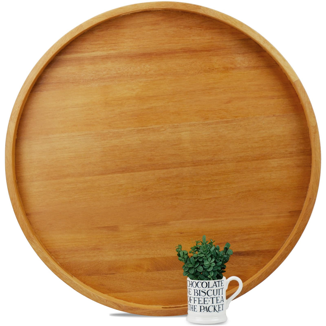 28 Inches Extra Large Round Teak Wood Ottoman Tray with Handles, Serve Tea, Coffee Classic Wooden Decorative Serving Tray