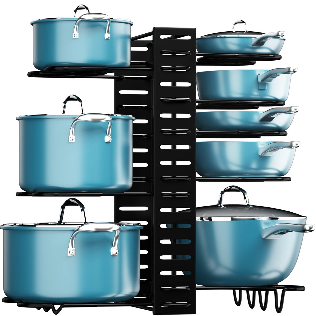 Pot and Pan Organizer for Cabinet, Adjustable 8 Tiers Pans Pots Lid Organizer Rack Holder with 3 DIY Methods, Hanger Stacker Organizer Stand for Kitchen Counter and Cabinet