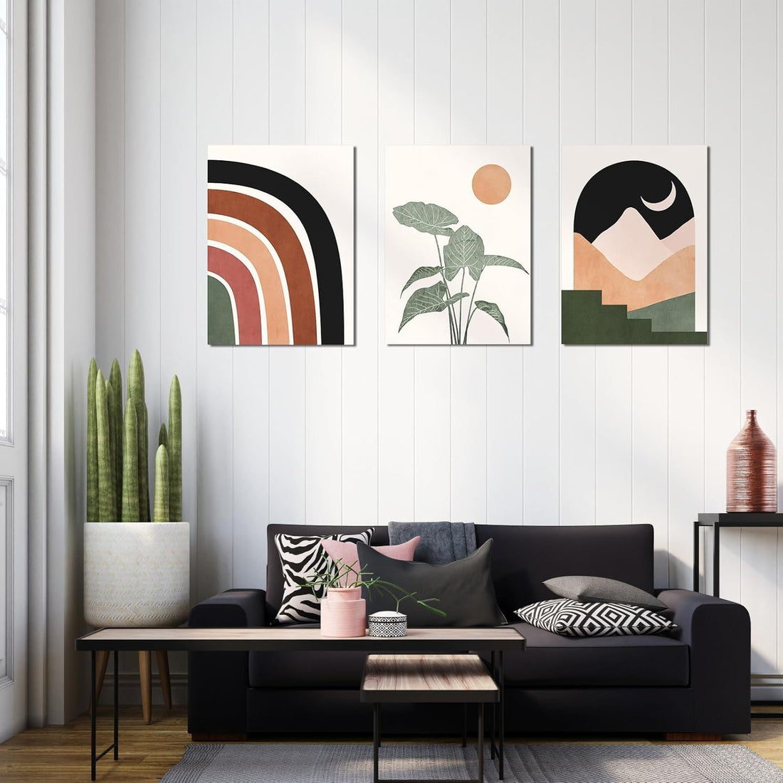 Framed Boho Wall Art Set of 3, Mid Century Modern Decor, Minimalist Black Beige Botanical Boho Bathroom Decor Wall Art 12" x 16" Canvas Prints Ready To Hang for Bedroom Living Room (Boho