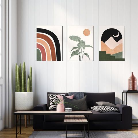 Framed Boho Wall Art Set of 3, Mid Century Modern Decor, Minimalist Black Beige Botanical Boho Bathroom Decor Wall Art 12" x 16" Canvas Prints Ready To Hang for Bedroom Living Room (Boho