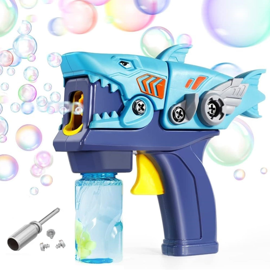TOYS LAND DIY Bubble Machine Shark Toy – 2-in-1 Assembling Bubble Blower with Music & Light, Includes 2 Bottles Refill Solution, Outdoor Summer Bubble Maker for Kids Ages 3+ (Shark)