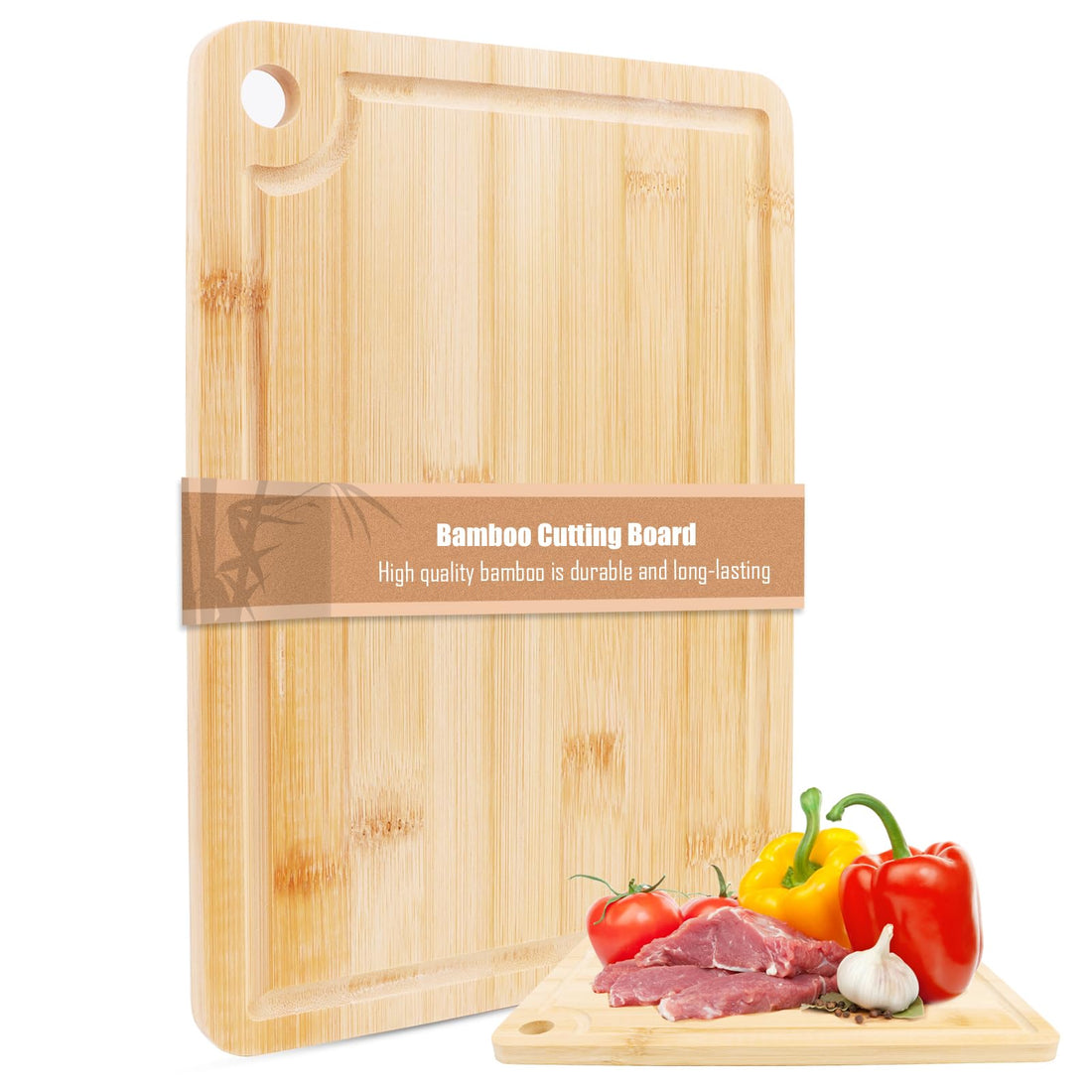 Chopping Boards Bamboo Chopping Board for Kitchen with Wooden Board for Sausage, Fruit, Vegetables and Cheese, Durable, Lightweight, Dishwasher Safe