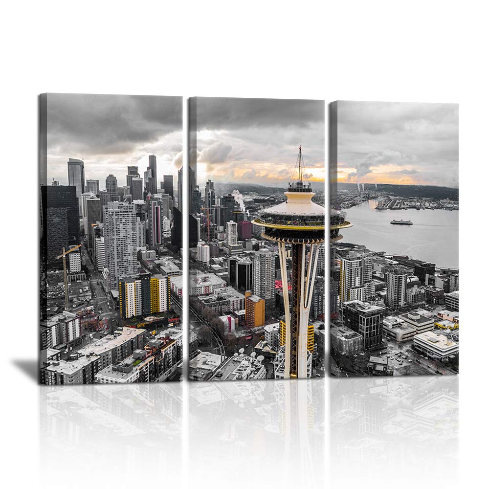 3 Piece Washington City Downtown Canvas Wall Decor Seattle Cityscape Skyline Pictures Space Needle Post Print Black and White Modern Home Art Stretched and Framed Ready to Hang 16"x32"x3 Panels
