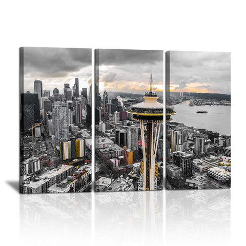 3 Piece Washington City Downtown Canvas Wall Decor Seattle Cityscape Skyline Pictures Space Needle Post Print Black and White Modern Home Art Stretched and Framed Ready to Hang 16"x32"x3 Panels