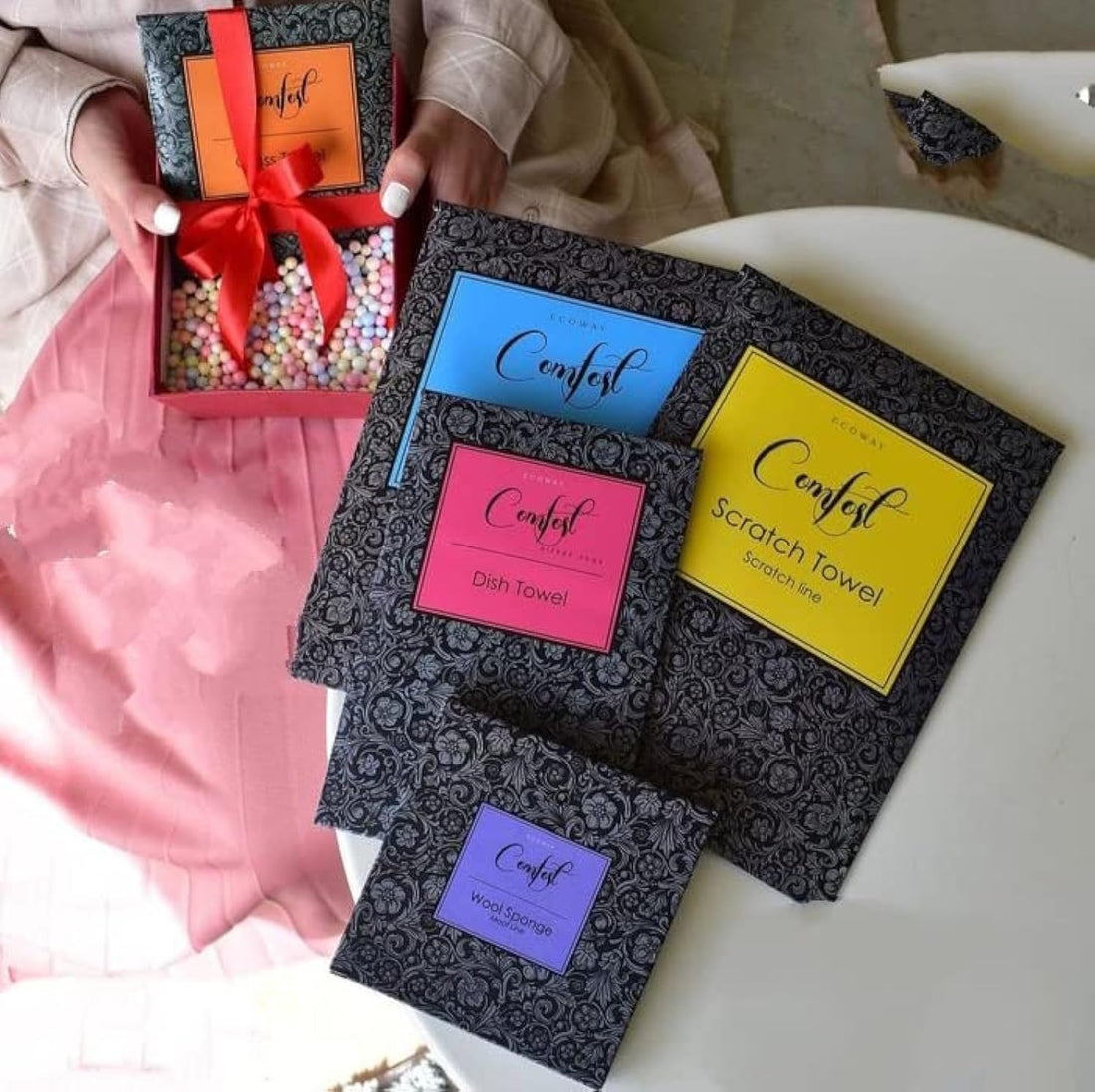 Ecoway set of 6 towels for cleaning home & kitchen with eco touch soap Sweeping & Glass towel Hot pink dish towel Scratch towel & wool sponge moof line just Wash it with warm water