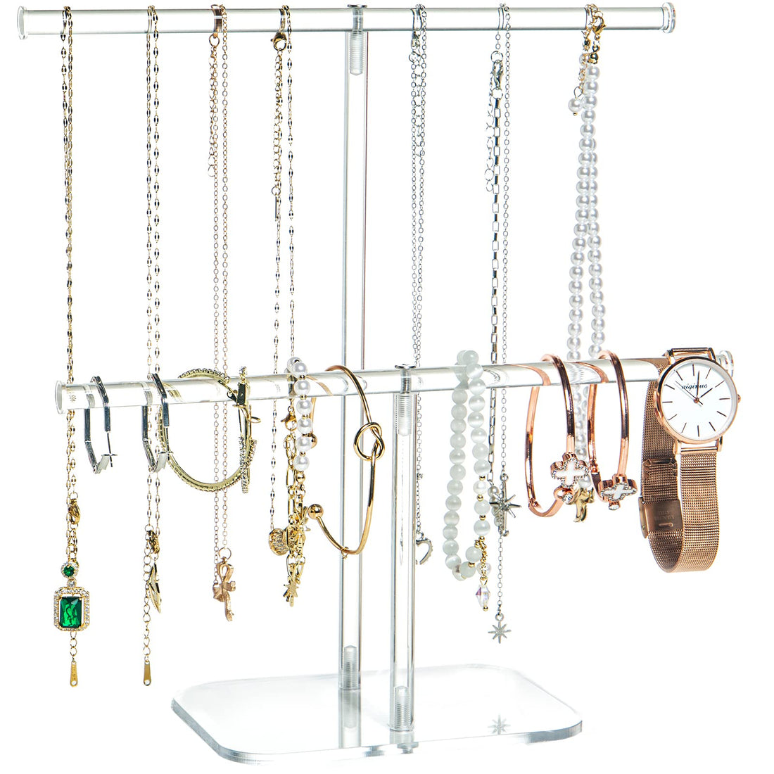 BEST MEDIA Premium 2-Tier Transparent Acrylic Jewelry Organizer Stand, a Solid T-Bar Bracelet Holder for Necklaces, Rings, and Watches- Premium - 1 Piece - Transparent