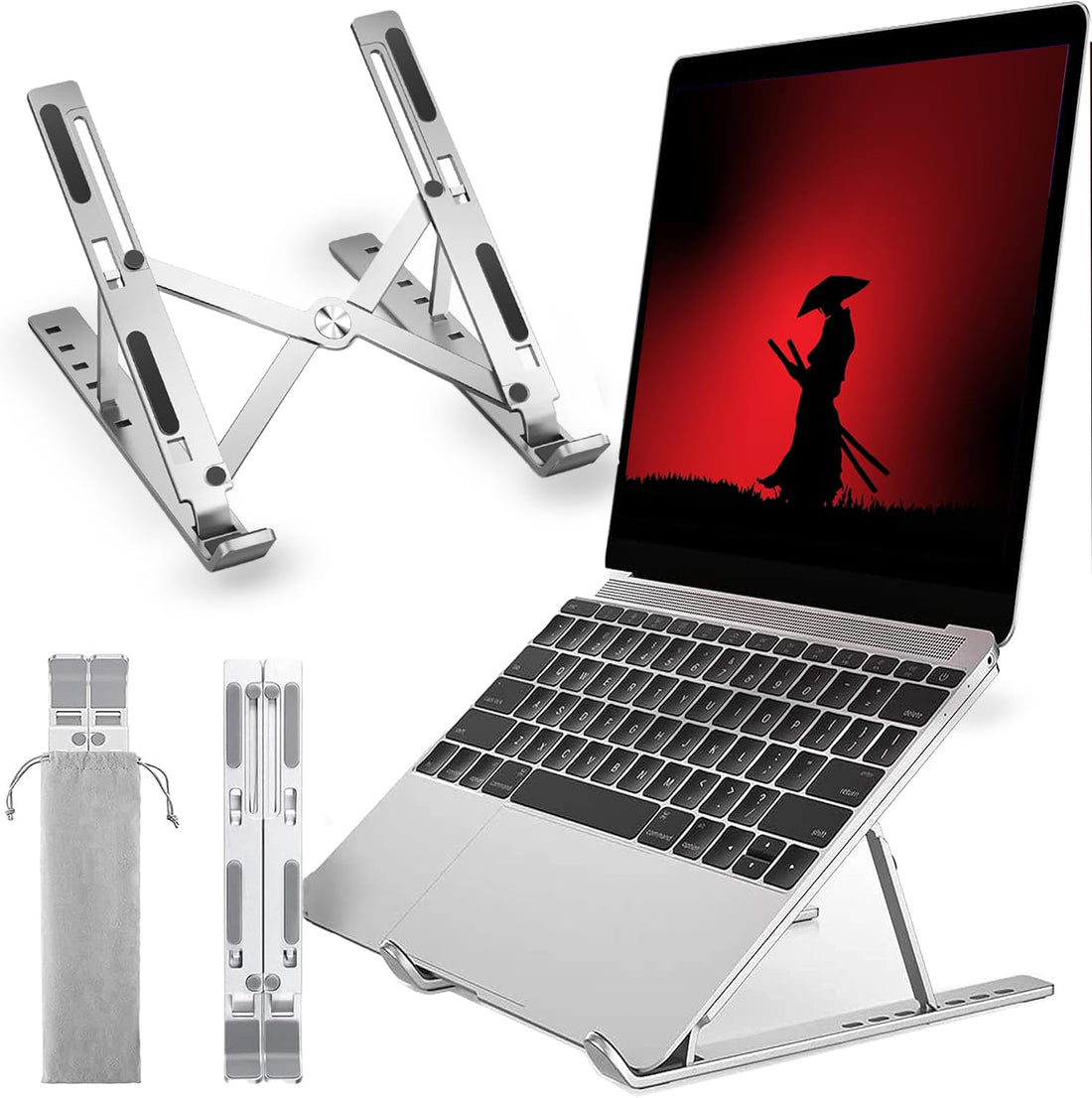Metal Laptop Stand, 7 Height Levels, Foldable, Laptop Stand Compatible with All 10-17 Inch Devices (Non-Slip Silicone + Storage Bag) Compatible with HP, DELL MACBOOK. (Silver)