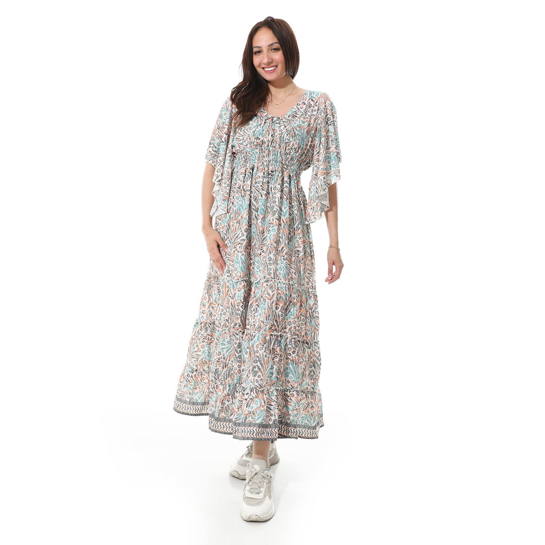 Floral Print Maxi Dress, Flutter Sleeves, Smocked Waist-4784