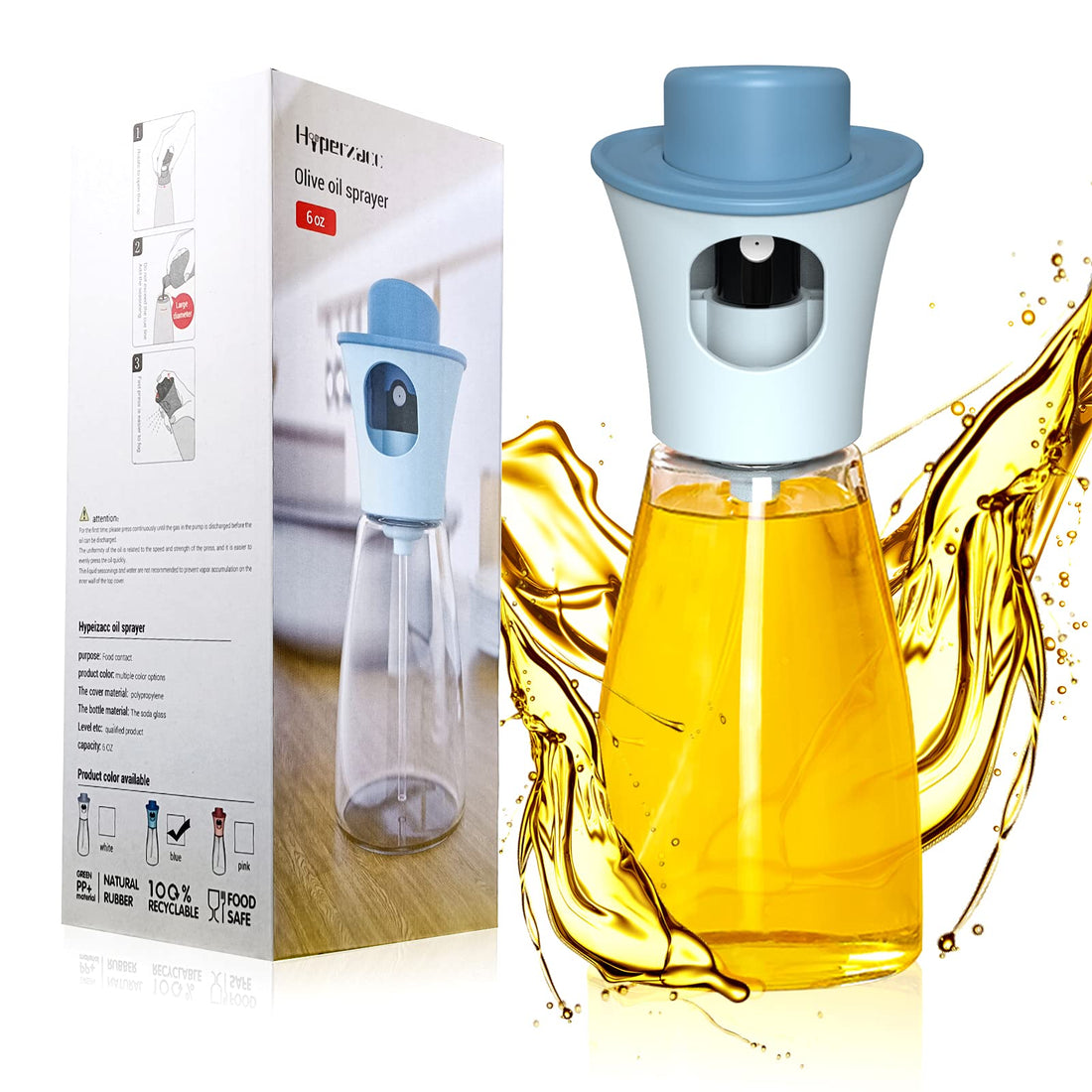 Hyperzacc Oil Sprayer, 180ml Olive Oil Dispenser Bottle, Blue, Glass, BPA Free, Modern, Reusable, 6.1oz, Cooking, Baking, Roasting, Frying, Salad Making, Cleaning Surfaces, Watering Plants