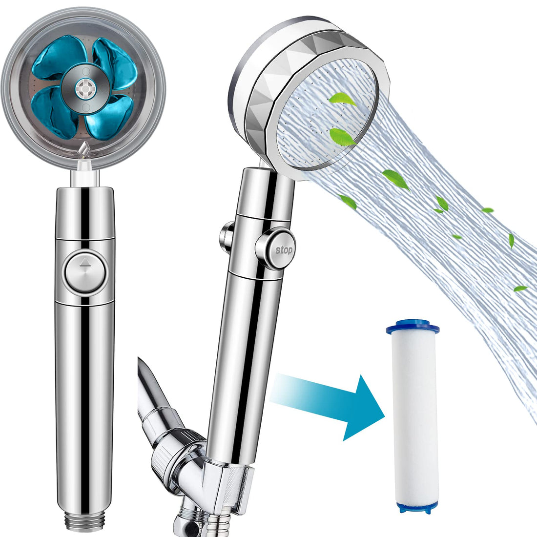COKOKERT Handheld Power Shower Head,Vortex Shower Head with Filter and Pause Switch,Removable Propeller Shower Head,Water Saving 360 Power Shower Head
