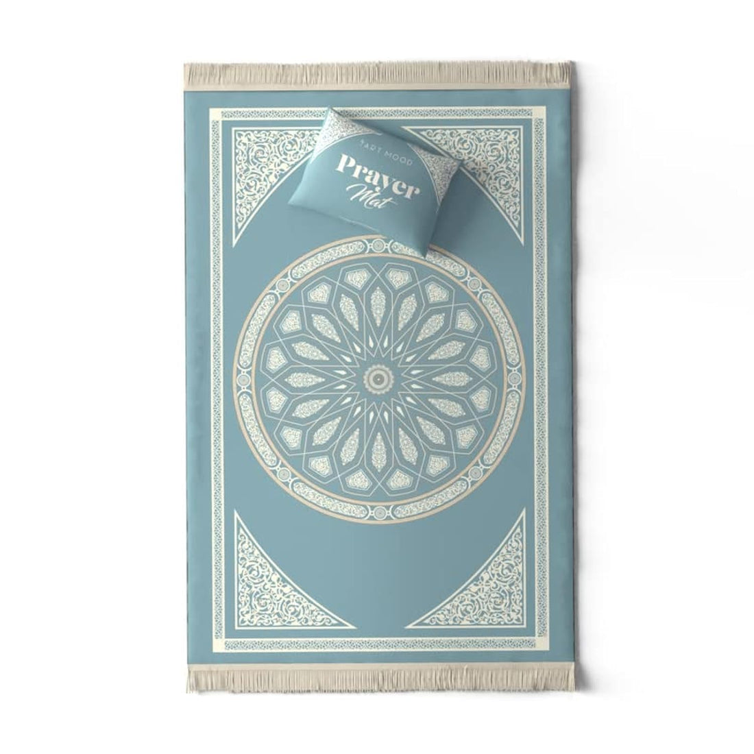 ART MOOD HOME Prayer Mat Al-Qubba, Velvet with Elegant Design, Soft Low Pile with Supportive Cushioning, Lightweight and Foldable for Home and Mosque, 117L × 68W cm, Blue