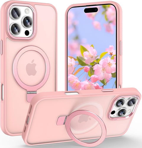 Magnetic for iPhone 15 Pro Max Case with Ring Stand, [10 FT Drop Protection] [Velvety Touch] Slim Translucent Matte Back Shockproof Phone Case for iPhone 15 Pro Max 6.7'' (pink)