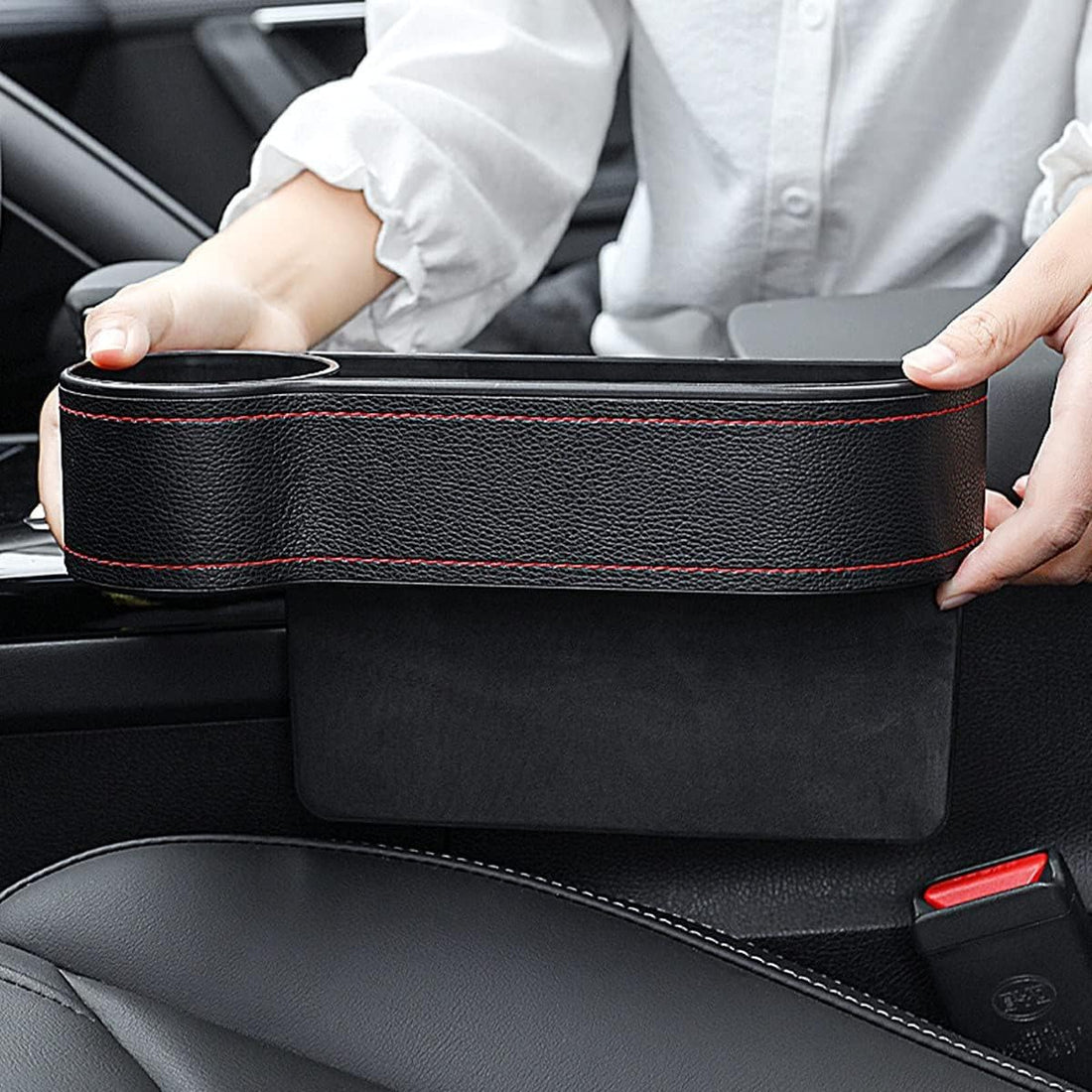 Generic Car Seat Gap Filler Organizer with Cup Holder, Premium PU Leather, Black/Red, Universal Fit, 30x20x10 cm