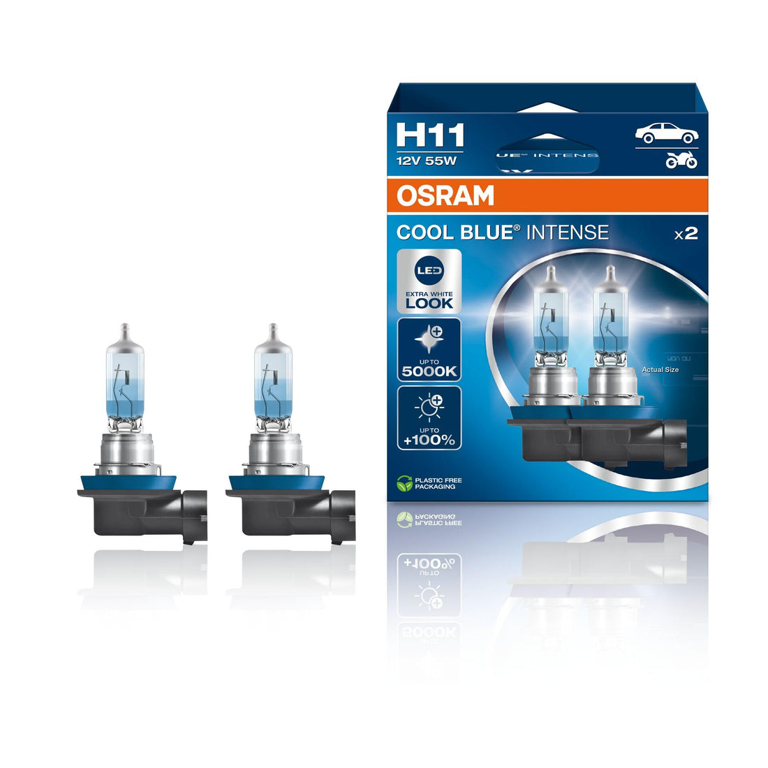 OSRAM COOL BLUE® INTENSE H11, +100% more brightness, up to 5,000K, halogen headlight lamp, LED look, Duo box (2 lamps)