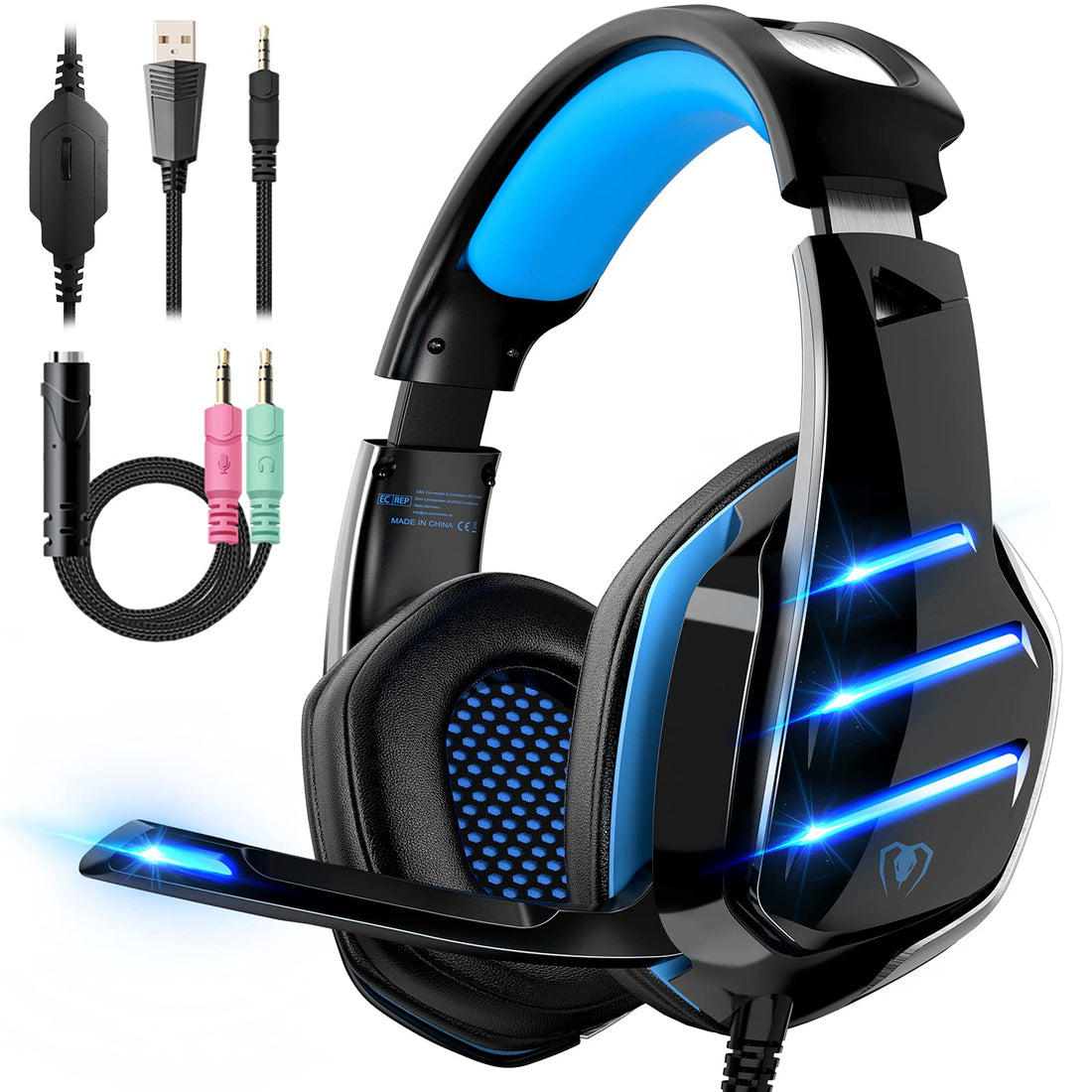 Beexcellent GM3 Gaming Headset, 7.1 Surround Sound PS4 Headset with Microphone, For Games, PC Headphones, Heavy Bass, Telescopic, Noise Isolation, Wired, FPS Compatible, LED Light,