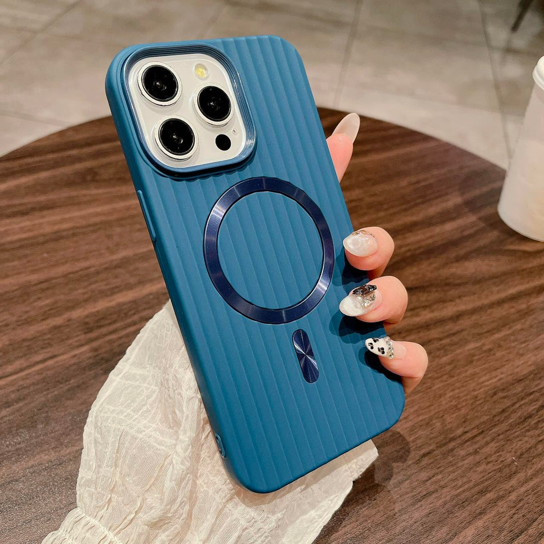 Eco Plating Matte Style Corrugated Stripe Luggage Case for iPhone Cover 12 13 14 15 16 16e Pro Max Wireless Charging Magnetic Luxury Case Wave Design (Blue, 15 pro Max)