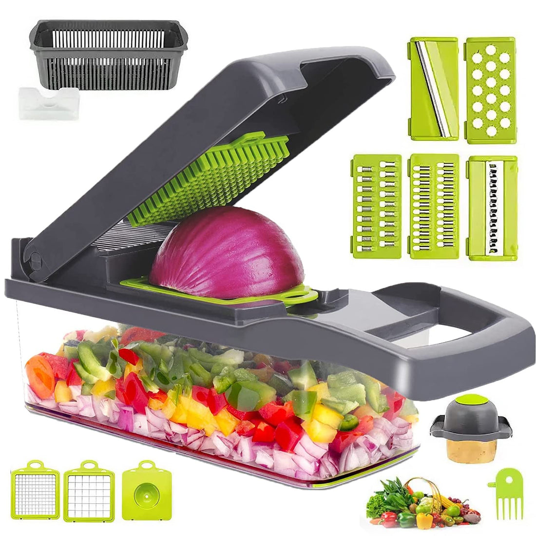 Vegetable Chopper- Multifunctional 15-in-1 Slicer Cutter Chopper, Fruits Cutter Mandoline Slicer Food Chopper with Interchangeable Blades, Colander Basket,Container for Salad Potato Carrot Garlic