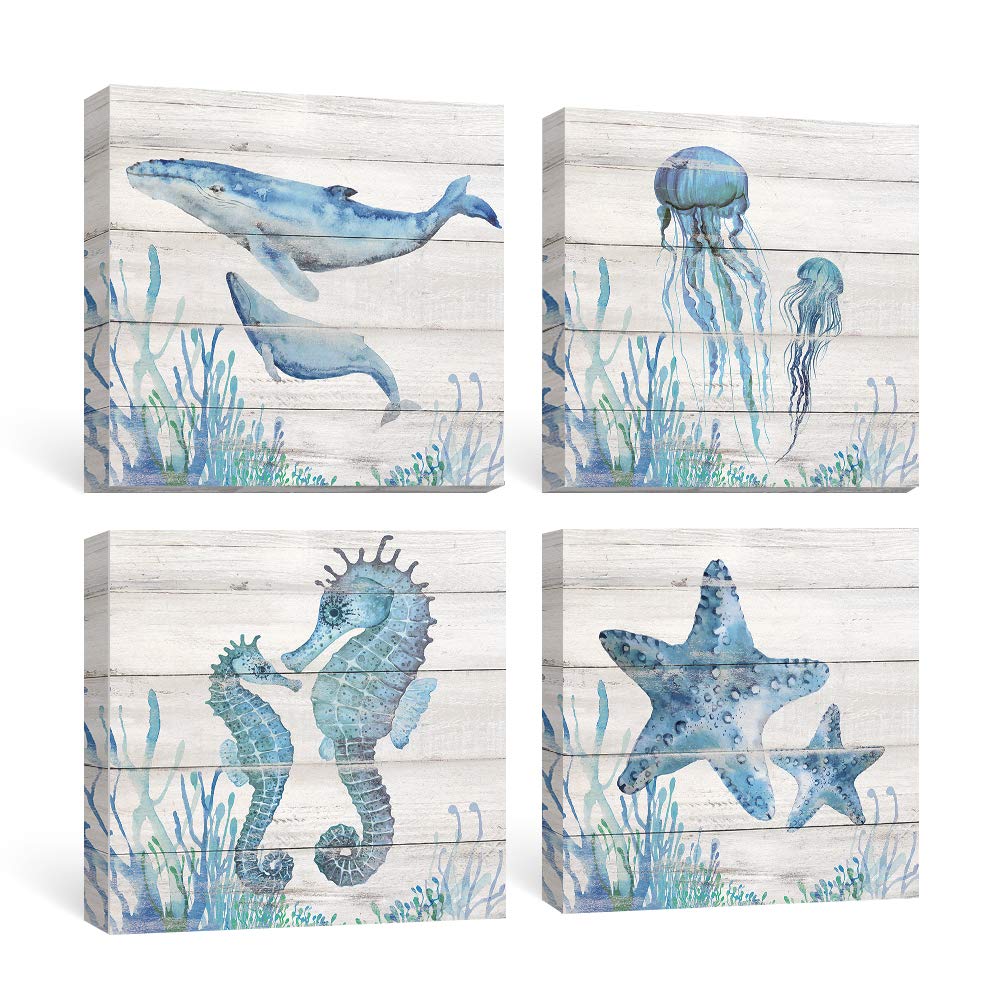 SUMGAR Ocean Wall Art Nautical Bathroom Pictures Beach Blue Canvas Paintings Coastal Prints Seahorse Starfish Jellyfish Seahorse Shark Artwork Bedroom Decorations 30x30cmx4 Panels