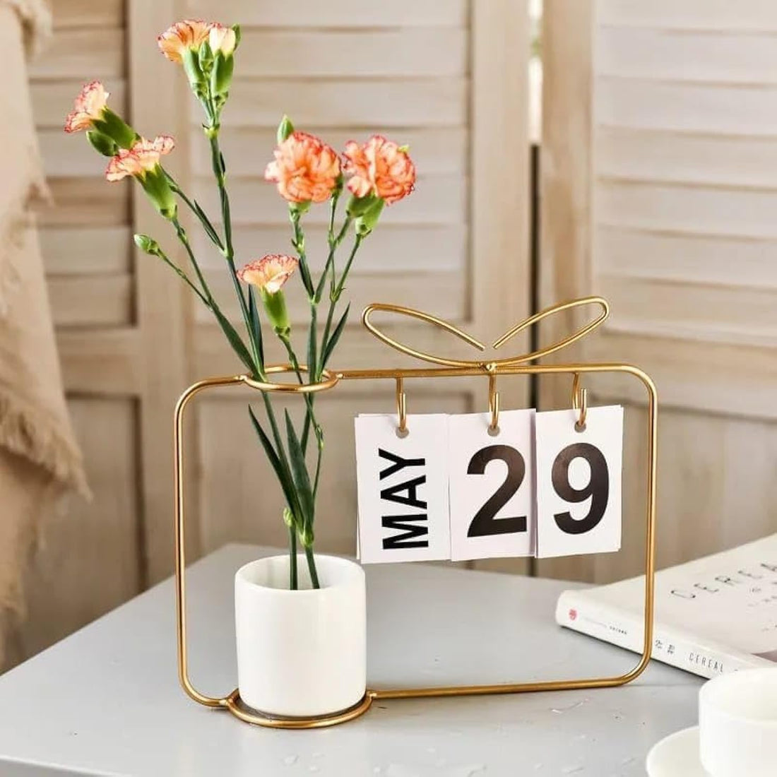 Flamingo Metal Calendar With Porcelain Vase - Contemporary Tropical Decorative Calendar