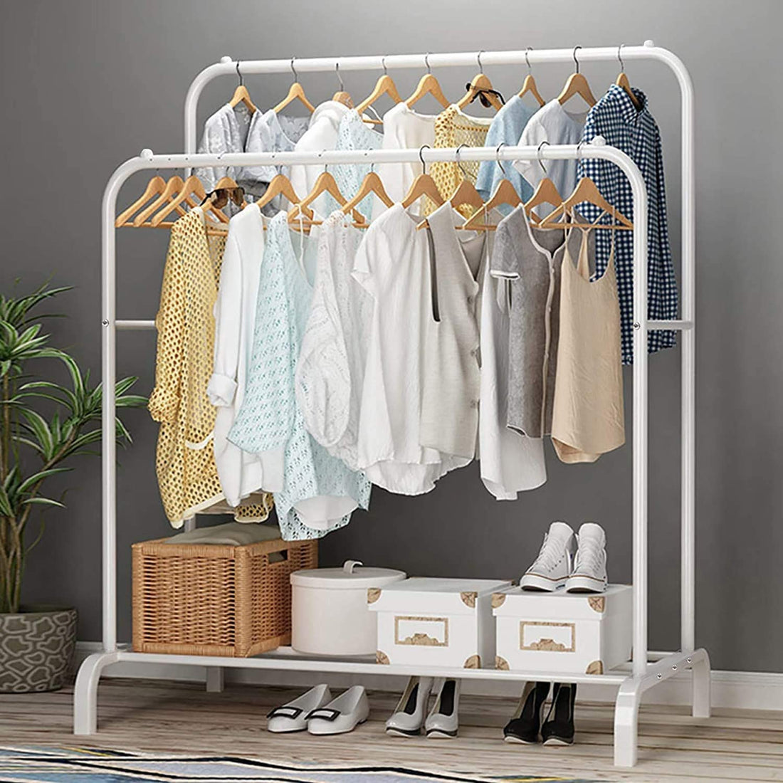EKRON Multipurpose Double Garment Rack Heavy Duty Metal Cloth Rail with 2 Bottom Shelf Coat Jacket Hanging Hanger Shoe Stand for Home, Hotel, Shop Wardrobe Space Organizer (White / 148 x 110 x 33cm)
