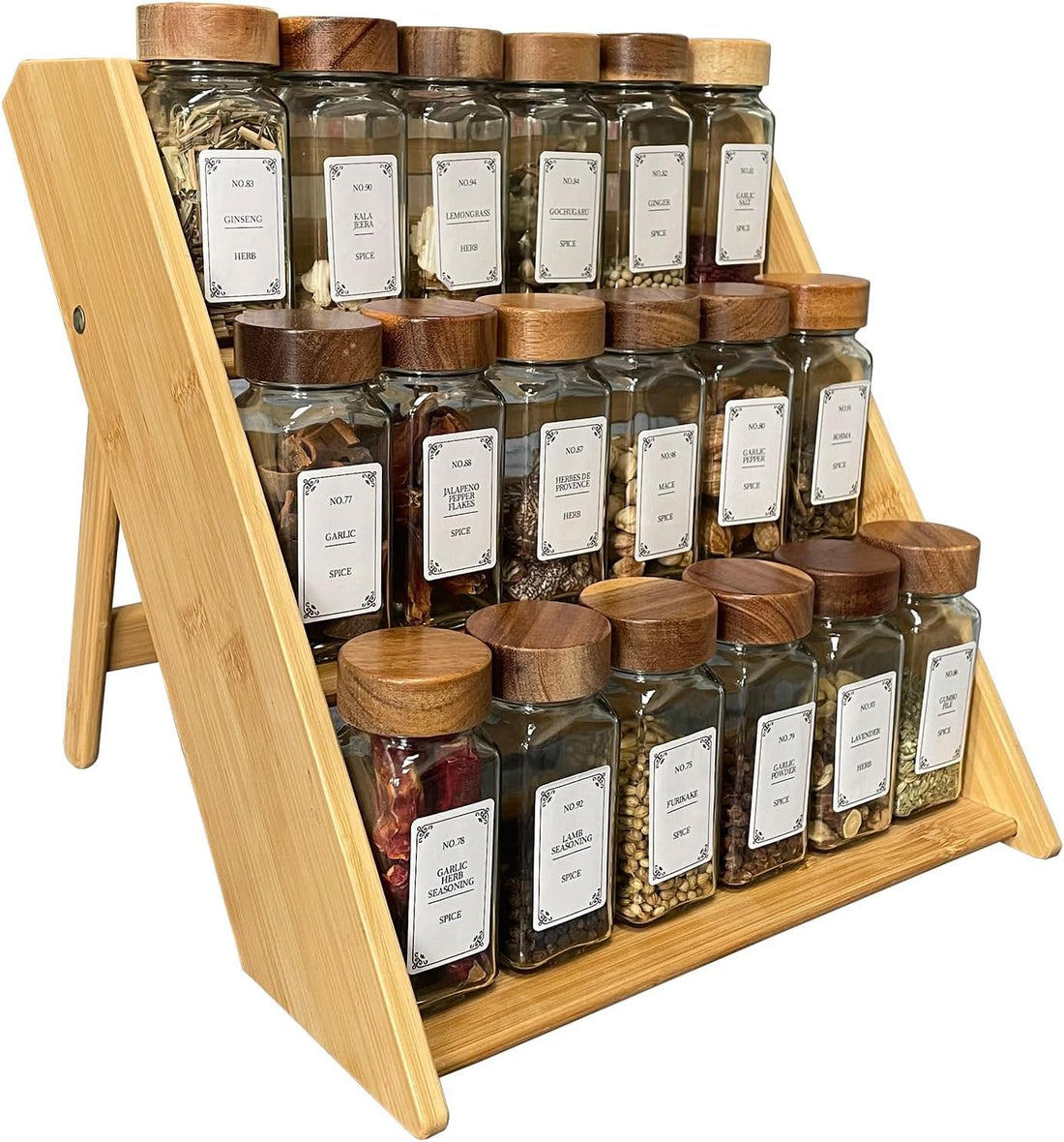 Spice Rack Bamboo Organizer for Cabinet and Drawer - Foldable, Sturdy Spice Organization for Countertop, 3-Tier Seasoning Organizer for Home Chefs, Kitchen (No Jars Included) (Bamboo)
