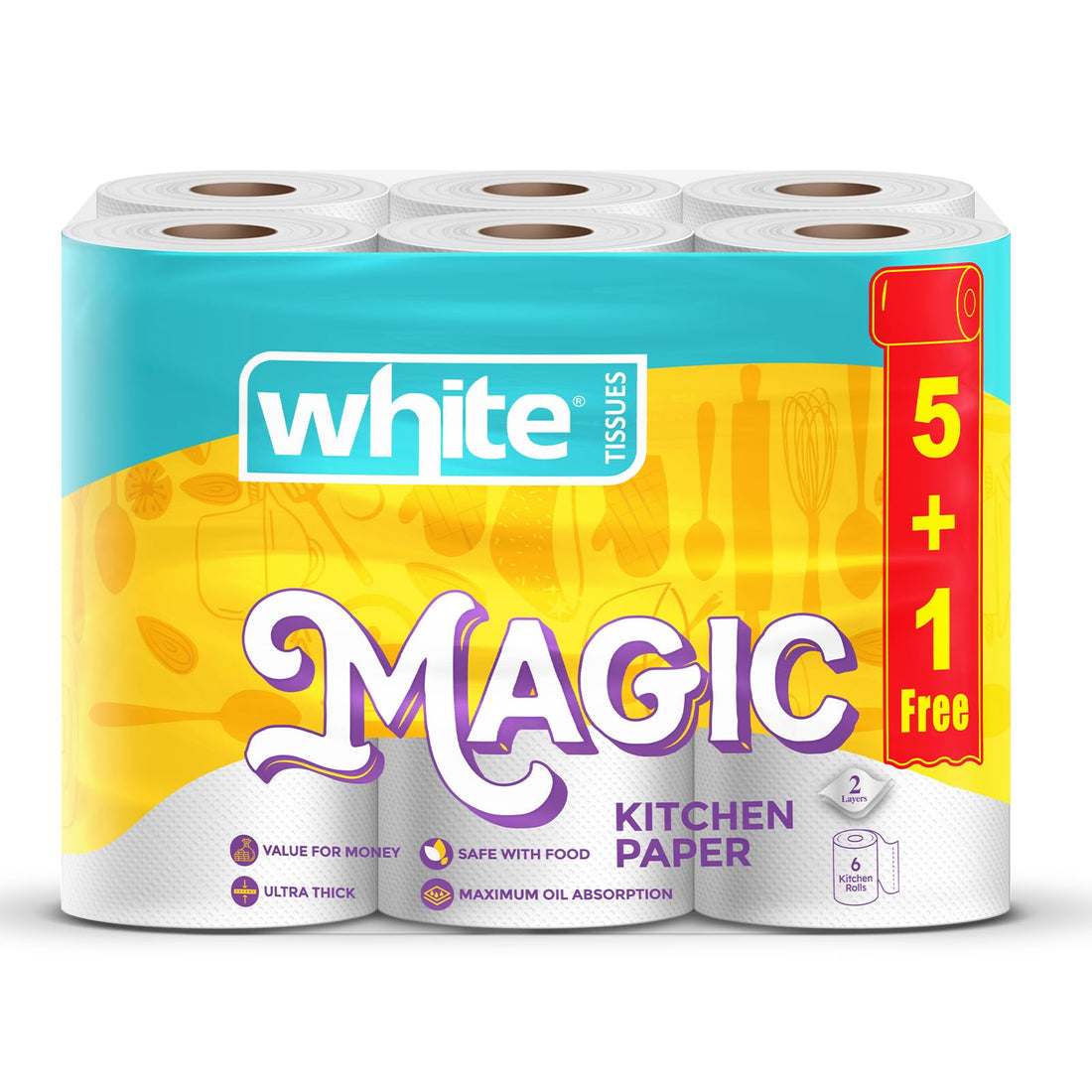 White Magic Kitchen Rolls – 6 Rolls, 3Ply | Strong, Absorbent & Ready for Any Mess