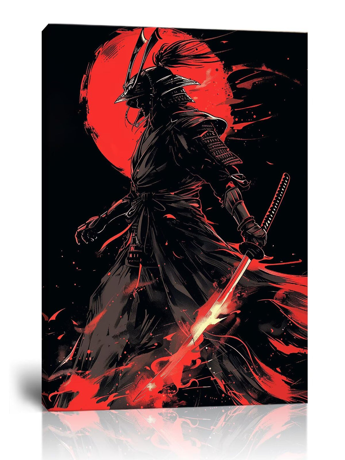Black and Red Japanese Samurai Wall Art Bushido Pictures Wall Decor Canvas Prints Armored Samurai Painting Poster Artwork Modern Home Decor Framed for Bedroom Living Room Office (12''W x 16''H)