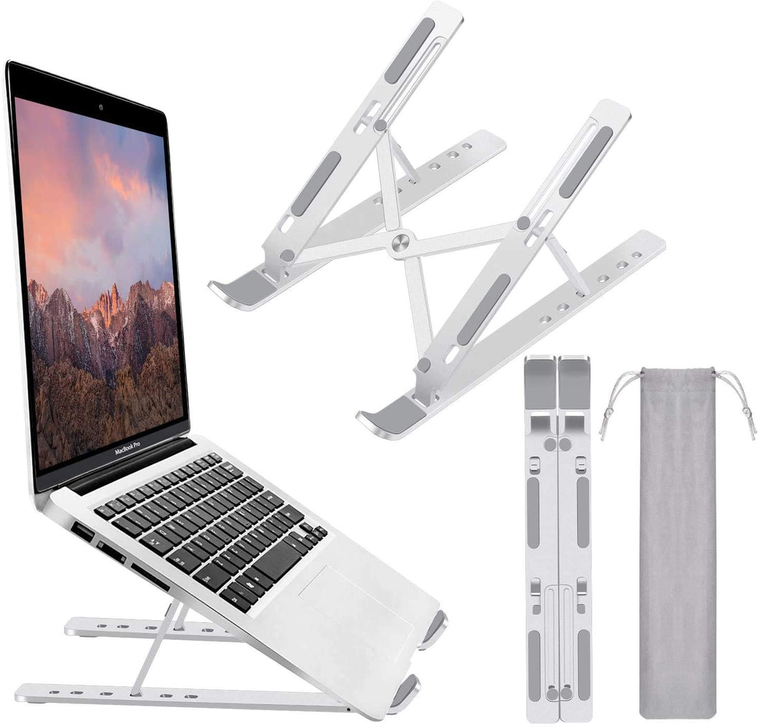 RILLATEK-AE Portable Laptop Stand, Aluminium Portable Notebook Riser, Aluminum Construction 6-Position Adjustable Ergonomic Design, Fits Laptops and Tablets from 10" to 15.6"(Silver)
