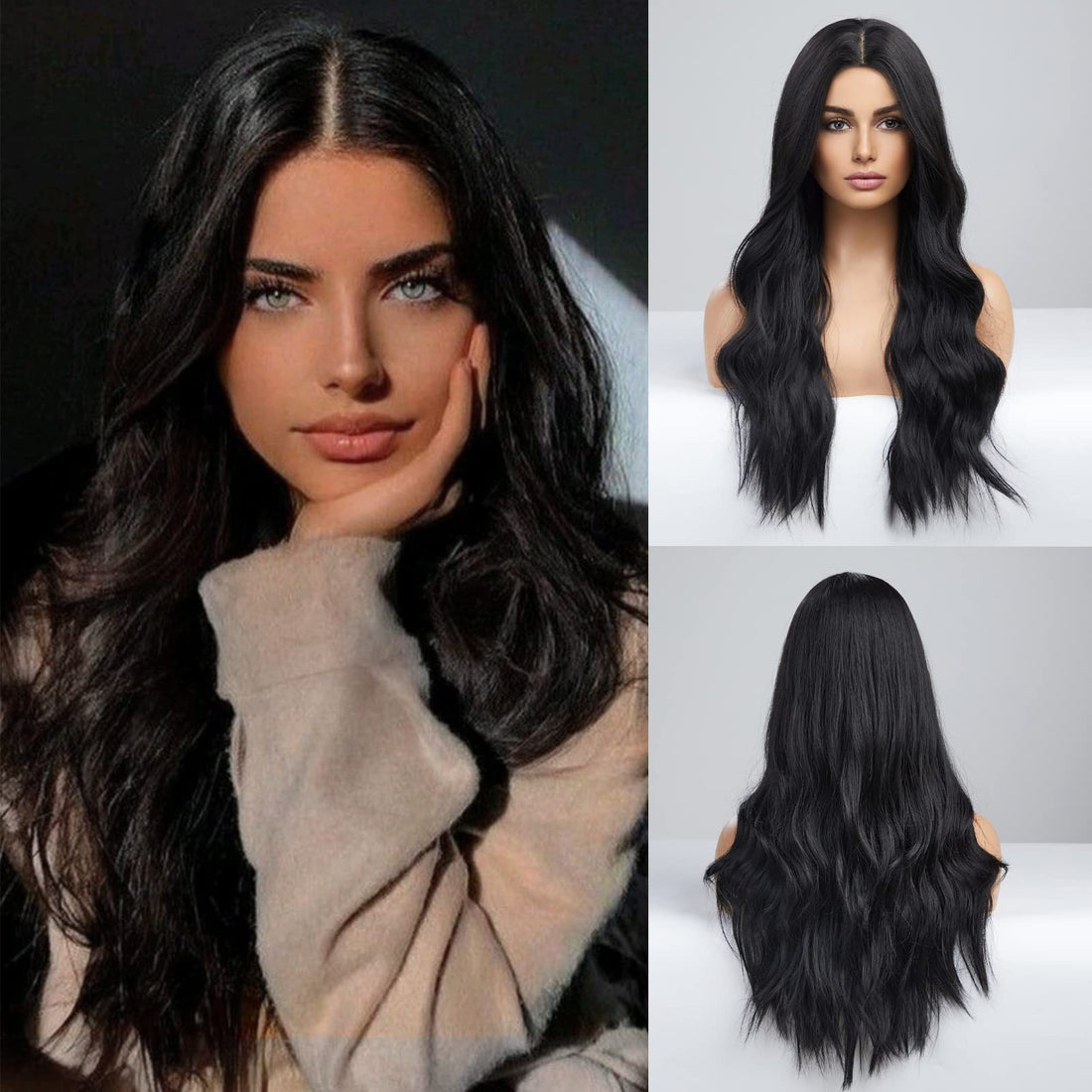ECIF Long Black Wigs For Women, Synthetic Curly Hair Wig Middle Parting