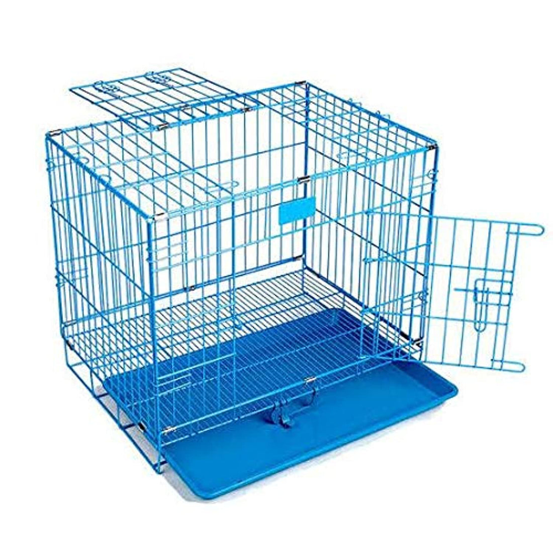 Foldable Metal Pet Cage with Movable Cleaning Drawer-Two Inlets (Blue)