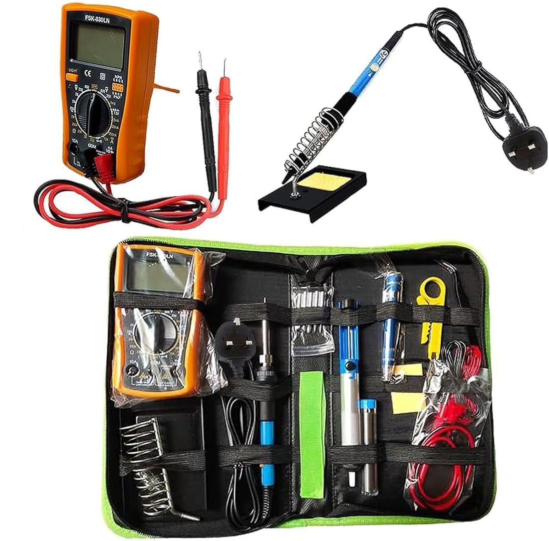 Soldering Iron Kit 60W Adjustable Temperature Welding Tool, Digital Multimeter, 2pcs Soldering Iron Tips, Desoldering Pump, Wire Stripper, Tweezers, Iron Stand, 2pcs Electronic Wire