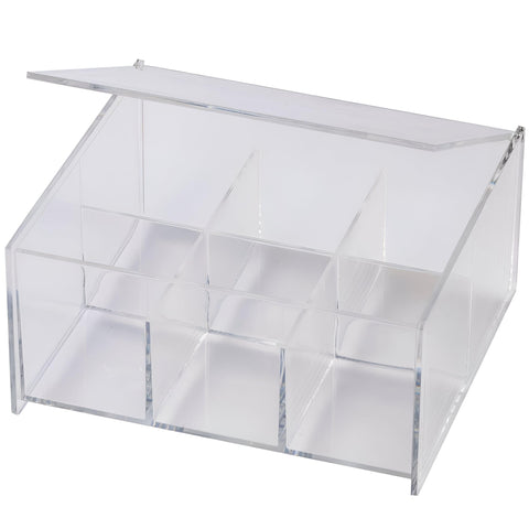 Storage Box - Durable multi-purpose acrylic organizer with 6 divided spaces for neatly storing tea, coffee, herbal sachets, sewing accessories, spices, cosmetics, or medical supplies