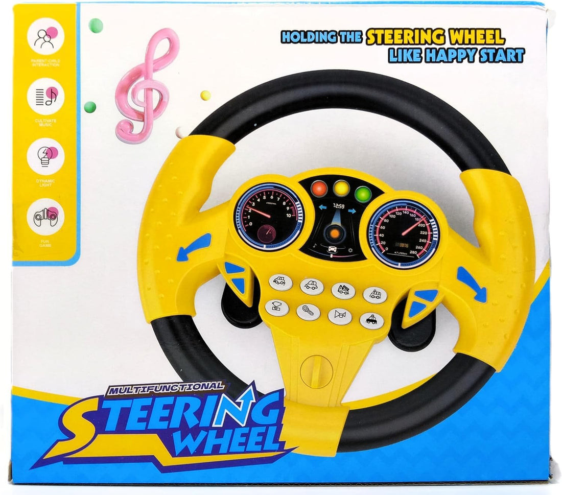 Kids Interactive Steering Wheel, 360° Electric Steering Simulator, Yellow and Black, with Educational Lights and Sounds, with Multifunction Buttons for Police, Ambulance, Fire Truck